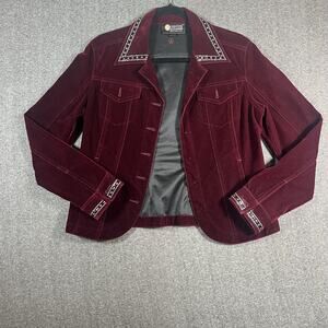 Christine Alexander Jacket Womens Medium Burgundy Velvet Rhinestone Upcycle FLAW